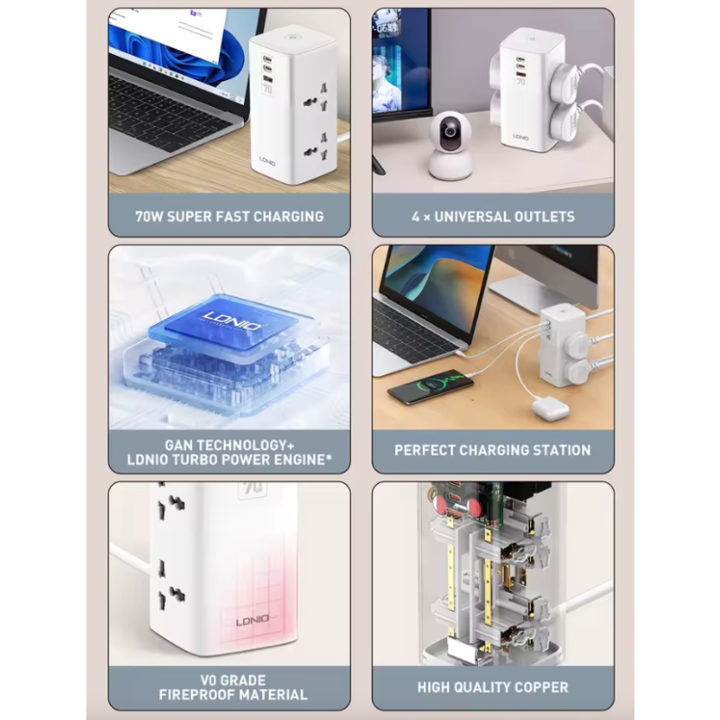 LDNIO Kubus Stekkerdoos - 70W USB-C Oplaadstation | Universele Adapter UK/US/EU Vorm | Ruimtebesparend Thuis/Kantoor