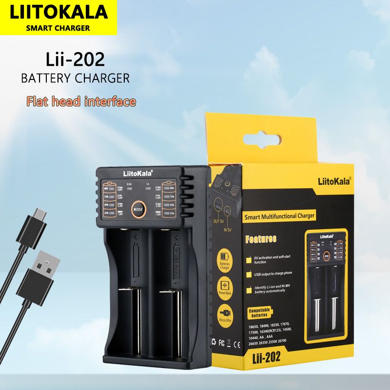 Liitokala Lii-202 slimme oplader voor 18650 en 26650 draagbare oplader met dubbele laadkanalen en Micro USB