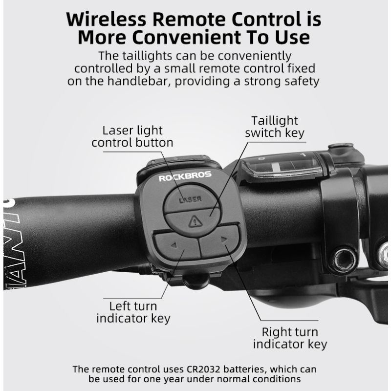 ROCKBROS LKWD-R1 Smart USB LED Fiets Achterlicht met Weglaser en Draadloze Afstandsbediening voor Veiligheid