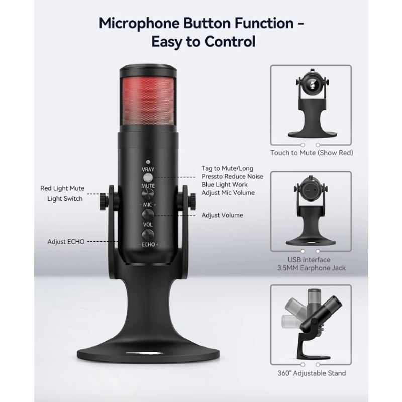 MU900PRO RGB USB microfoon professionele condensatormicrofoon met dynamische RGB-verlichting voor content creators