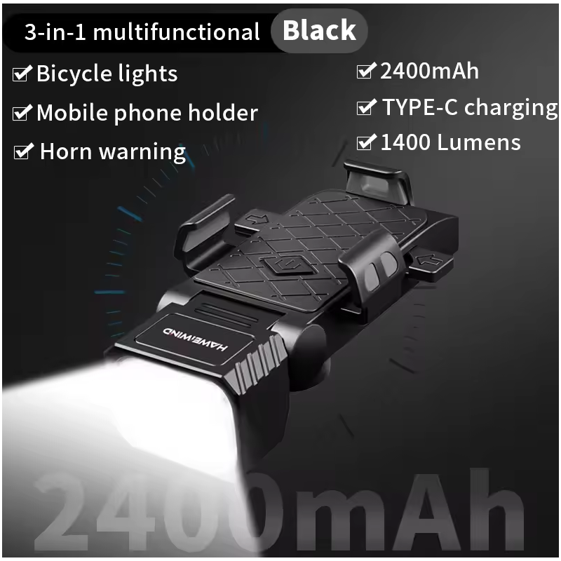 Multifunctioneel Fietslicht 3-in-1: Fietslamp met Claxon, Telefoonhouder, Type-C Opladen | Fietsveiligheid