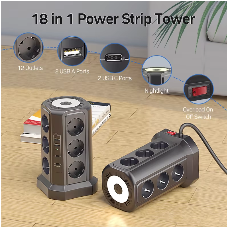 XT-G3211 Stekkerdoos met Overspanningsbeveiliging 4000W/16A & USB-C/A Nachtlampje Multi-Stekker