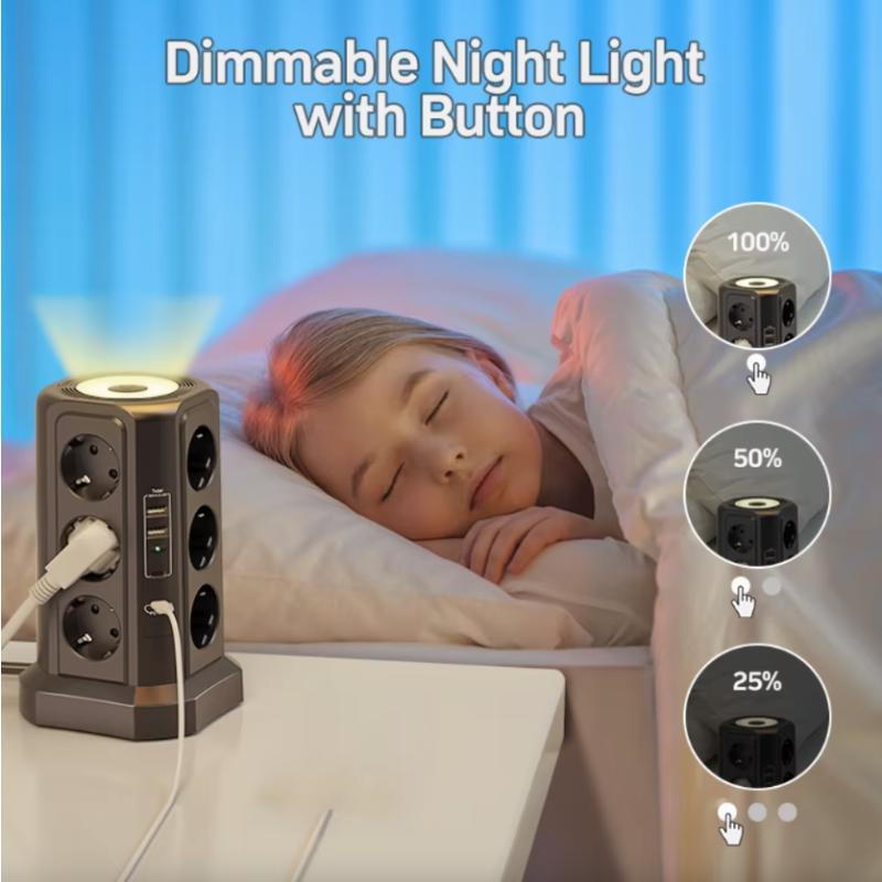 XT-G3211 Stekkerdoos met Overspanningsbeveiliging 4000W/16A & USB-C/A Nachtlampje Multi-Stekker