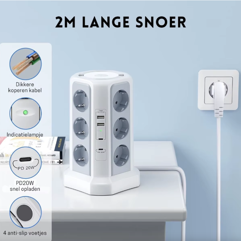 XT-G3211 Stekkerdoos met Overspanningsbeveiliging 4000W/16A & USB-C/A Nachtlampje Multi-Stekker
