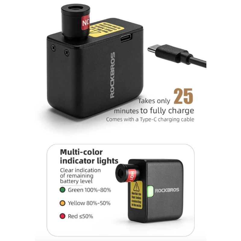 ROCKBROS fietspomp draagbare mini elektrische luchtpomp 100PSI oplaadbaar voor auto fiets motorfiets