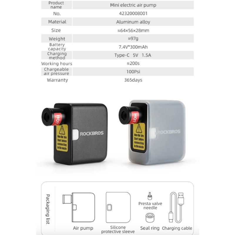 ROCKBROS fietspomp draagbare mini elektrische luchtpomp 100PSI oplaadbaar voor auto fiets motorfiets