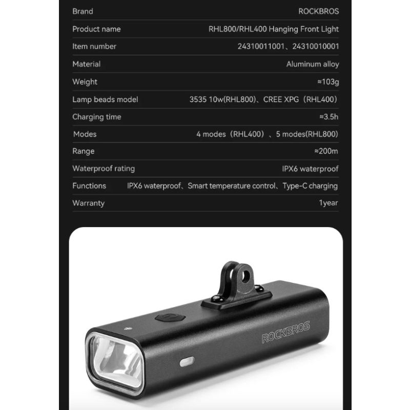ROCKBROS RHL-1000LUMEN fietskoplamp hoge helderheid regendicht LED Type-C oplaadbaar voor mountainbikers en forenzen