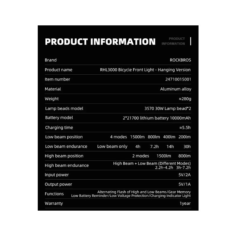 ROCKBROS RHL3000 Fietskoplamp 3000 Lumen Waterdicht 10000mAh LED Oplaadbaar voor Nachtelijke Fietstochten