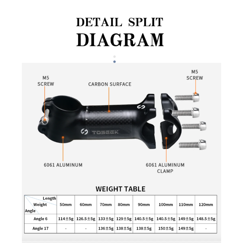 TOSEEK Fiets Stuurpen 28.6-31.8mm Aluminium Carbon Verstelbare Hoek MTB Lichtgewicht Duurzaam Fietsaccessoires