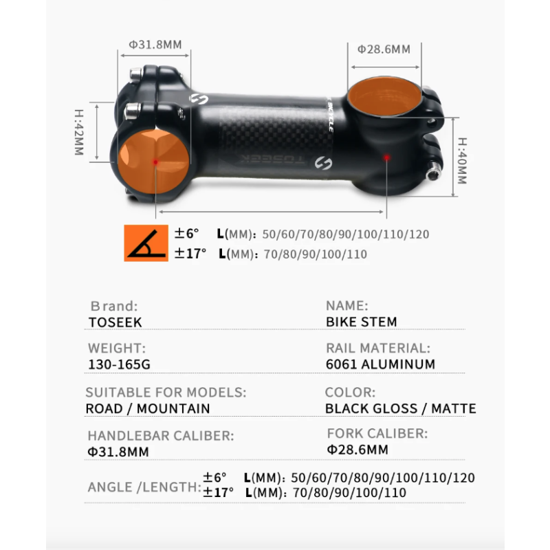 TOSEEK Fiets Stuurpen 28.6-31.8mm Aluminium Carbon Verstelbare Hoek MTB Lichtgewicht Duurzaam Fietsaccessoires