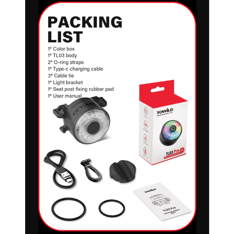 TOWILD TL03Pro LED fietsachterlicht met automatische remsensor stijlvol en duurzaam fietsveiligheidsproduct