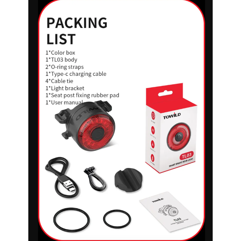 TOWILD TL03 LED Fiets Veiligheidslicht met Automatische Remsensor Technologie Vijf Flitsstanden Fietsaccessoires
