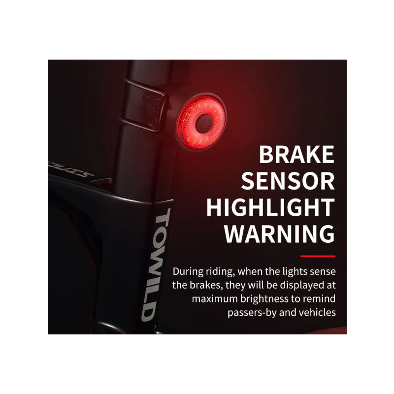 TOWILD TL03 LED Fiets Veiligheidslicht met Automatische Remsensor Technologie Vijf Flitsstanden Fietsaccessoires