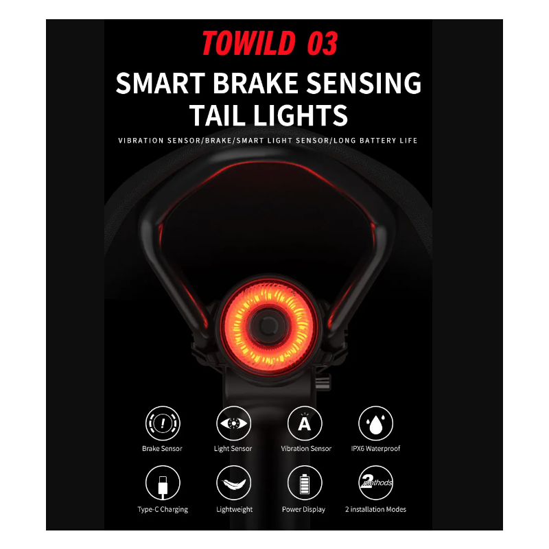 TOWILD TL03 LED Fiets Veiligheidslicht met Automatische Remsensor Technologie Vijf Flitsstanden Fietsaccessoires