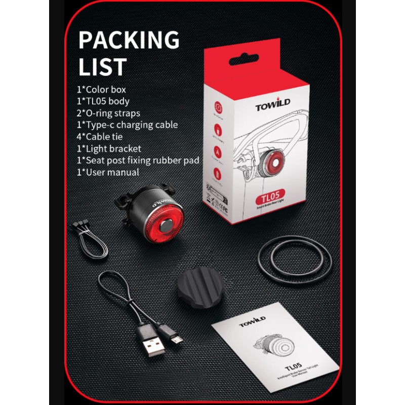 TOWILD TL05 Achterlicht LED Fietsverlichting Slimme Auto Remsensor USB Opladen IPX6 Waterdicht Veiligheidslicht