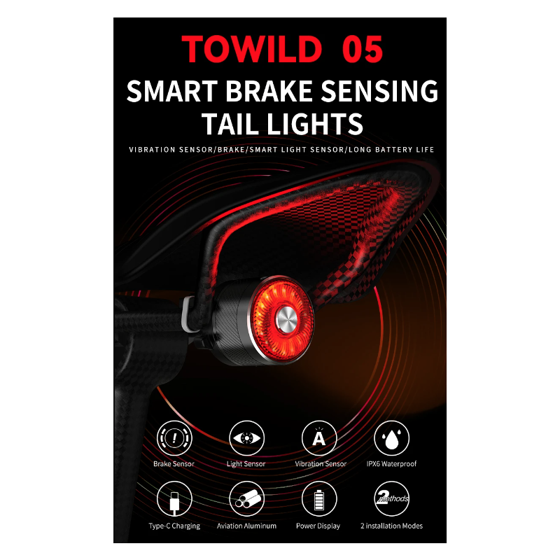 TOWILD TL05 Achterlicht LED Fietsverlichting Slimme Auto Remsensor USB Opladen IPX6 Waterdicht Veiligheidslicht