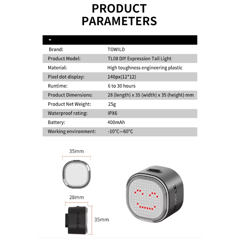 TOWILD TL08 Fietsachterlicht: Aangepaste Patronen, Full-Color Remdetectie & USB-C Oplaadbaar Achterlicht voor Veiligheid.