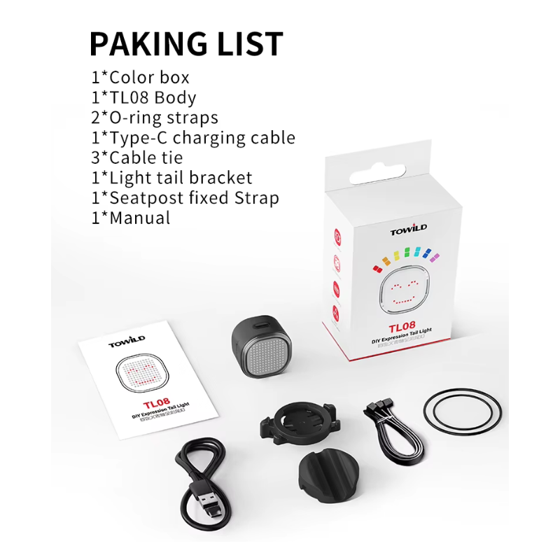 TOWILD TL08 Fietsachterlicht: Aangepaste Patronen, Full-Color Remdetectie & USB-C Oplaadbaar Achterlicht voor Veiligheid.