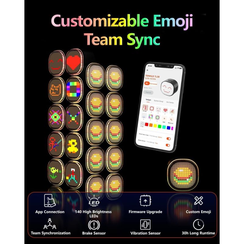 TOWILD TL08 Fietsachterlicht: Aangepaste Patronen, Full-Color Remdetectie & USB-C Oplaadbaar Achterlicht voor Veiligheid.