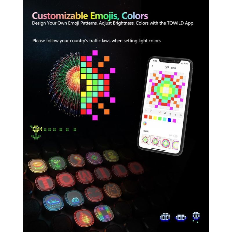 TOWILD TL08 Fietsachterlicht: Aangepaste Patronen, Full-Color Remdetectie & USB-C Oplaadbaar Achterlicht voor Veiligheid.