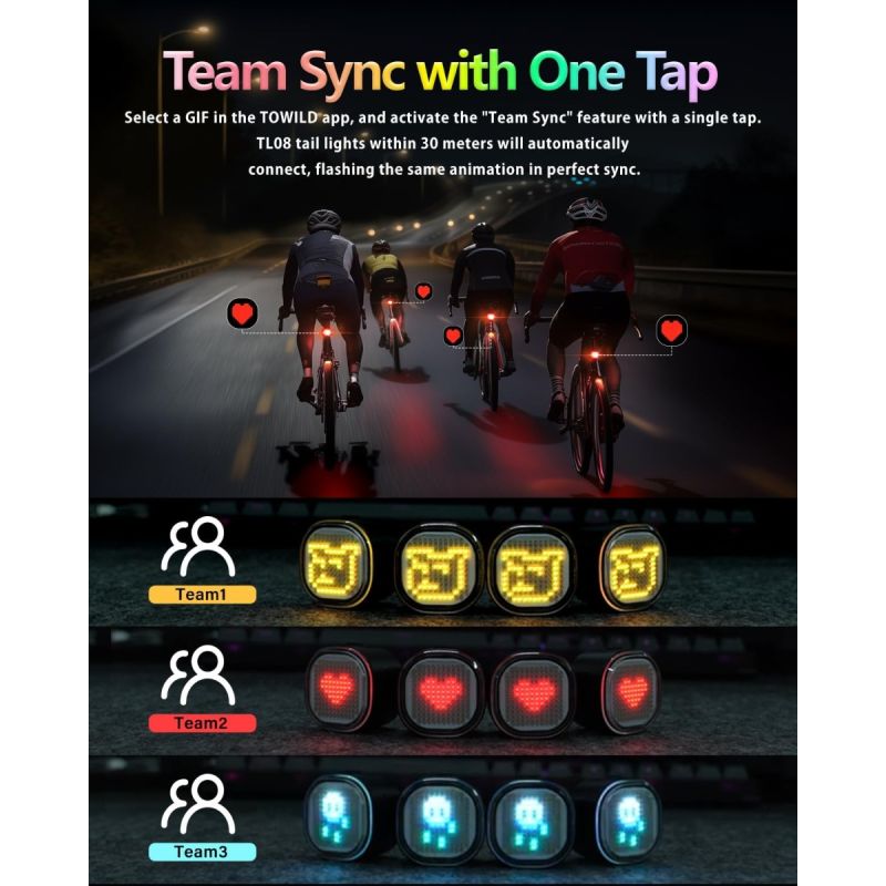 TOWILD TL08 Fietsachterlicht: Aangepaste Patronen, Full-Color Remdetectie & USB-C Oplaadbaar Achterlicht voor Veiligheid.