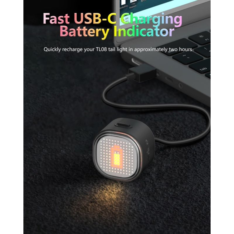 TOWILD TL08 Fietsachterlicht: Aangepaste Patronen, Full-Color Remdetectie & USB-C Oplaadbaar Achterlicht voor Veiligheid.