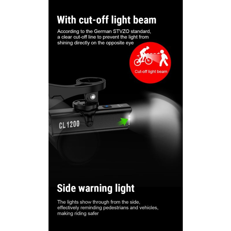 TOWILD CL1200 fietslicht LED 1200 lumen USB-C oplaadbare en duurzame fietsverlichting voor avondfietsen