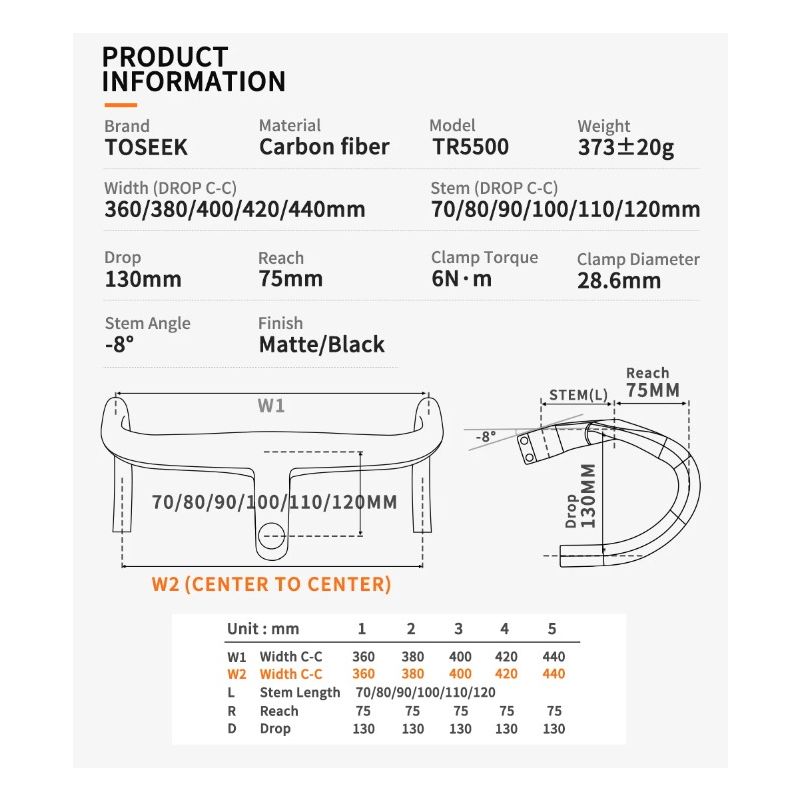 TOSEEK TR5500 racefiets stuur met volledig koolstofvezel stuurpen en geïntegreerde fietsaccessoires ultralicht
