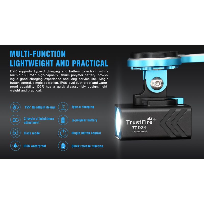 TrustFire D2R Fietslicht 450LM Fietslamp Type-C Oplaadbaar Waterdicht IP66 Helderheid Fietsverlichting Veiligheid