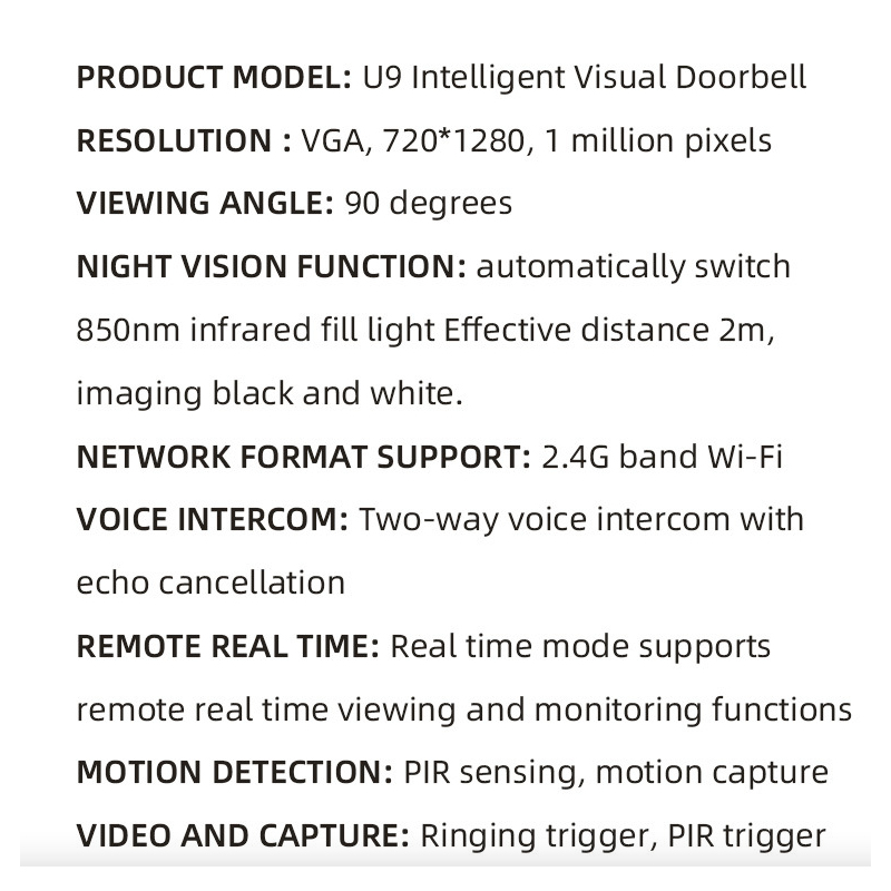 U9 Draadloze Videodeurbel - IP65 Bewakingscamera met Zonne-energie & 3600mAh Batterij, HD Video Intercom