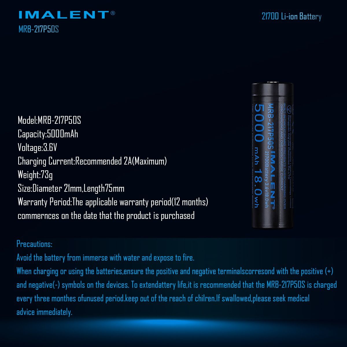 IMALENT MRB-217P50S 21700 5000 mAh 3.6V oplaadbare batterij