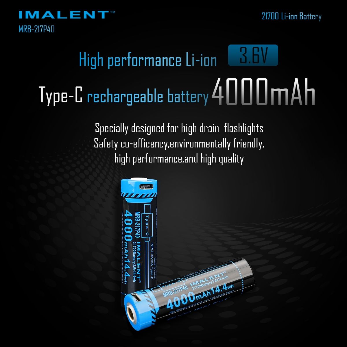 IMALENT MRB-217P40 21700 Accu 4000mAh Type-C Oplaadbaar Hoge Capaciteit voor Zaklampen en Gadgets