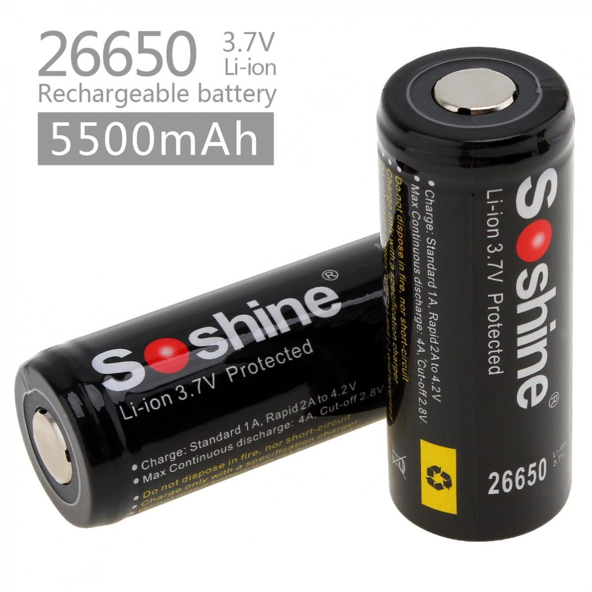 Soshine 26650 5500mAh Li-ion oplaadbare batterijen 2-pack voor zaklampen en gereedschap - langdurig gebruik