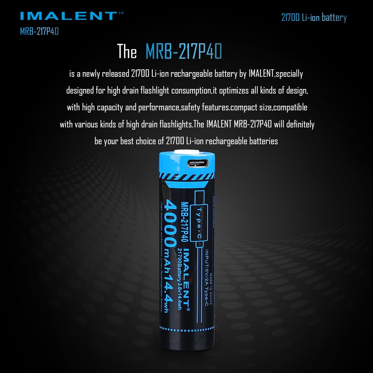 IMALENT MRB-217P40 21700 Accu 4000mAh Type-C Oplaadbaar Hoge Capaciteit voor Zaklampen en Gadgets