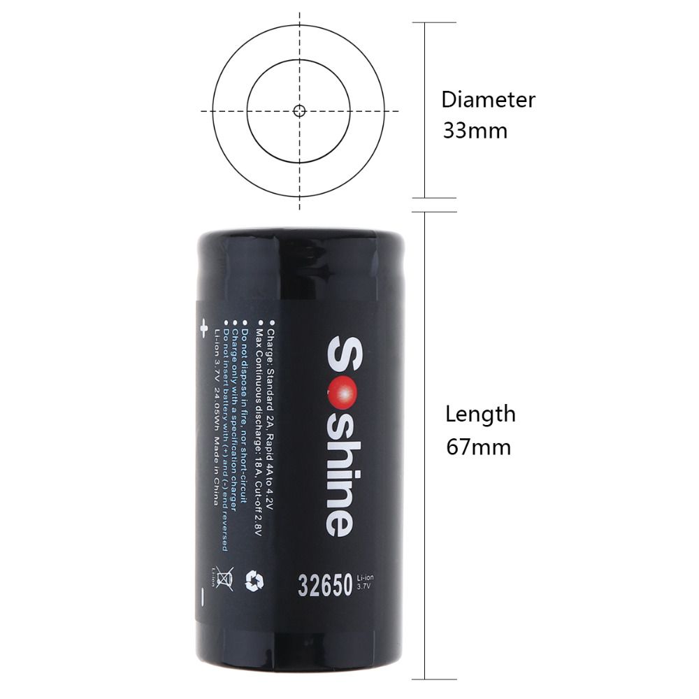 Soshine 6500mAh 3.7V 32650 Lithium-ion oplaadbare batterij met hoge energiedichtheid en lange levensduur voor gereedschap en gadgets.