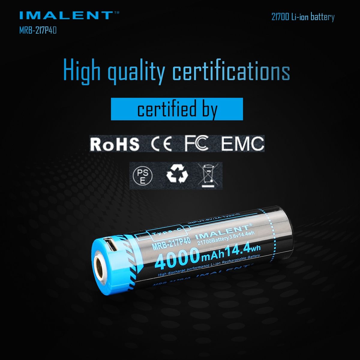 IMALENT MRB-217P40 21700 Accu 4000mAh Type-C Oplaadbaar Hoge Capaciteit voor Zaklampen en Gadgets