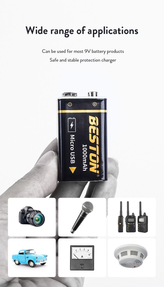 Beston 9V 1000mAh Micro USB oplaadbare batterij, milieuvriendelijke stroom voor RC-helikopter, microfoon en speelgoed