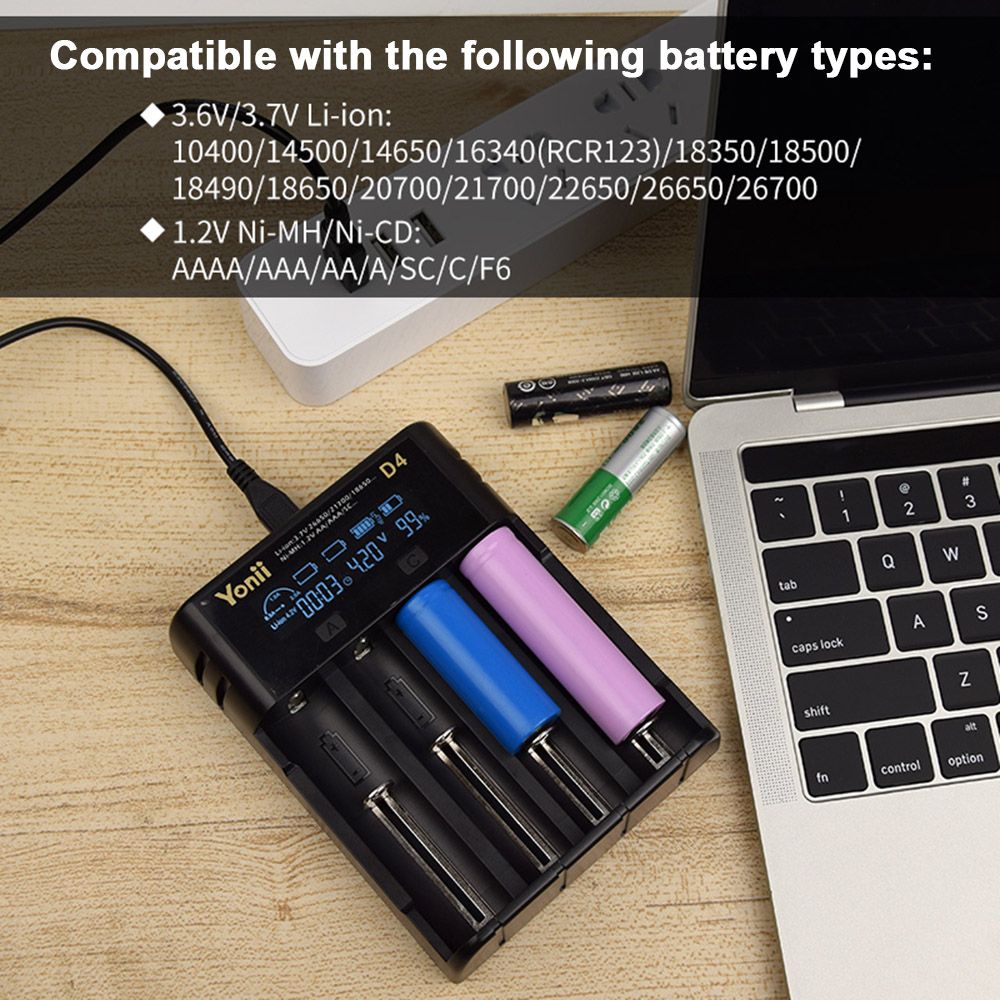 YONII D4 Acculader Universeel 4-Slot LCD voor 18650, 21700, AA, AAA Li-ion/Ni-mh met USB & NL Handleiding