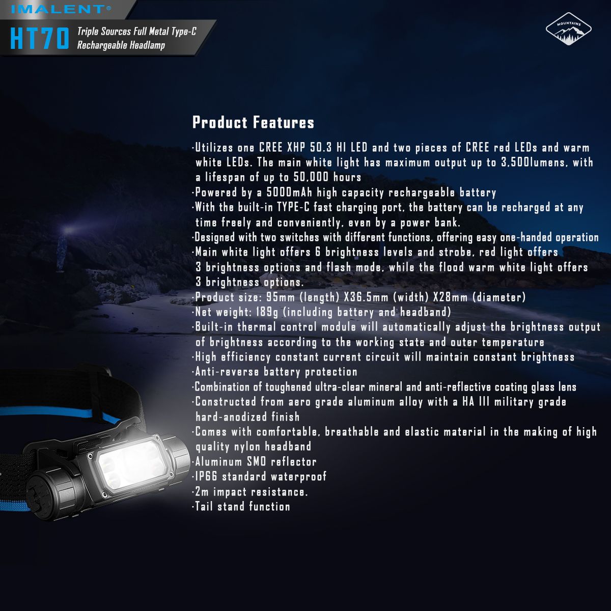 IMALENT HT70 Hoofdlamp met driedubbele lichtbronnen 3500 Lumen oplaadbaar ergonomisch ontwerp voor buitenavonturen