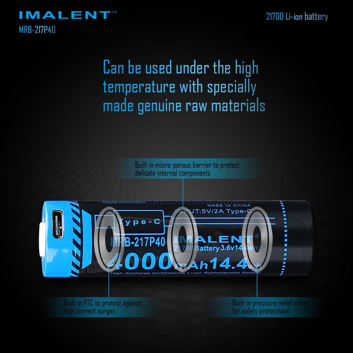 IMALENT MRB-217P40 21700 Accu 4000mAh Type-C Oplaadbaar Hoge Capaciteit voor Zaklampen en Gadgets