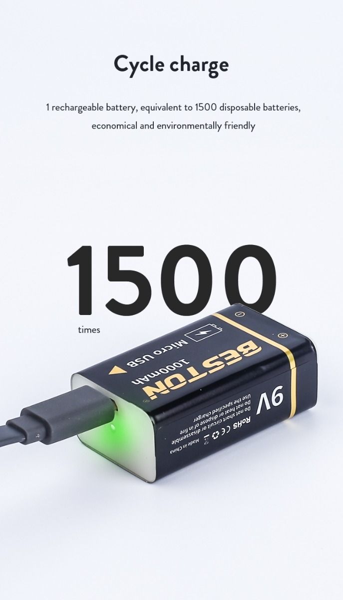 Beston 9V 1000mAh Micro USB oplaadbare batterij, milieuvriendelijke stroom voor RC-helikopter, microfoon en speelgoed