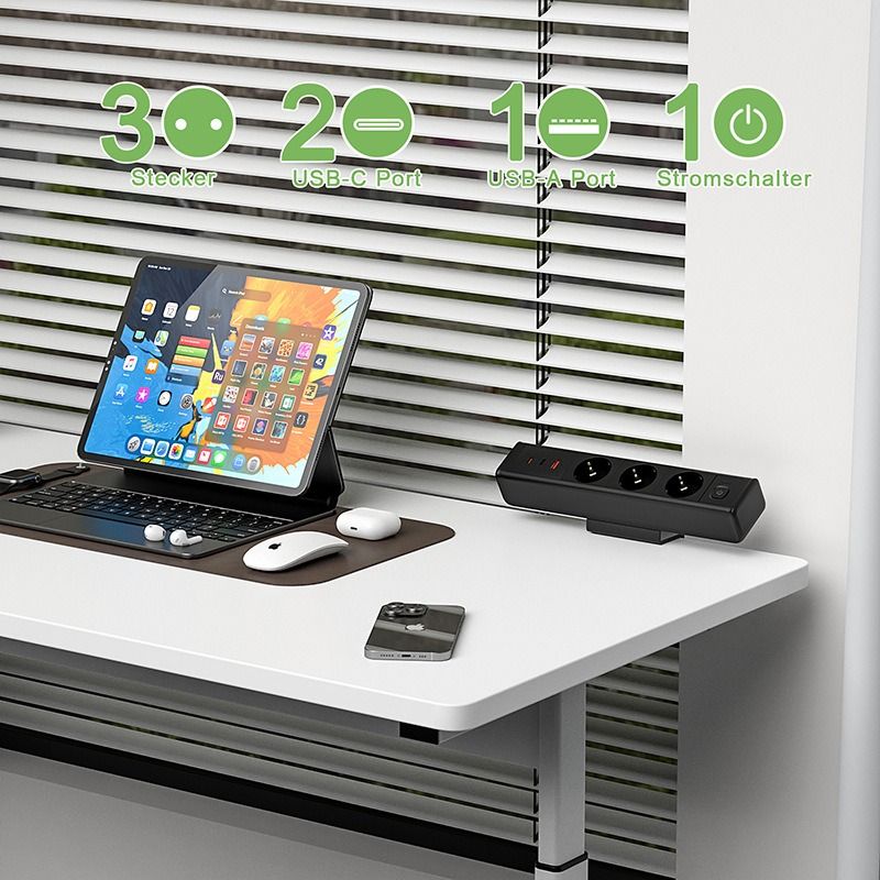 Stroomstrip met bureauklem, totaal snellaadstation met 18/65W USB-snellaad, Europees standaard stopcontact, overbelastingsbeveiligingsschakelaar, bureaustopcontact, EU-voeding voor kantoormeubilair.