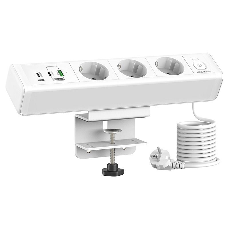 Stroomstrip met bureauklem, totaal snellaadstation met 18/65W USB-snellaad, Europees standaard stopcontact, overbelastingsbeveiligingsschakelaar, bureaustopcontact, EU-voeding voor kantoormeubilair.