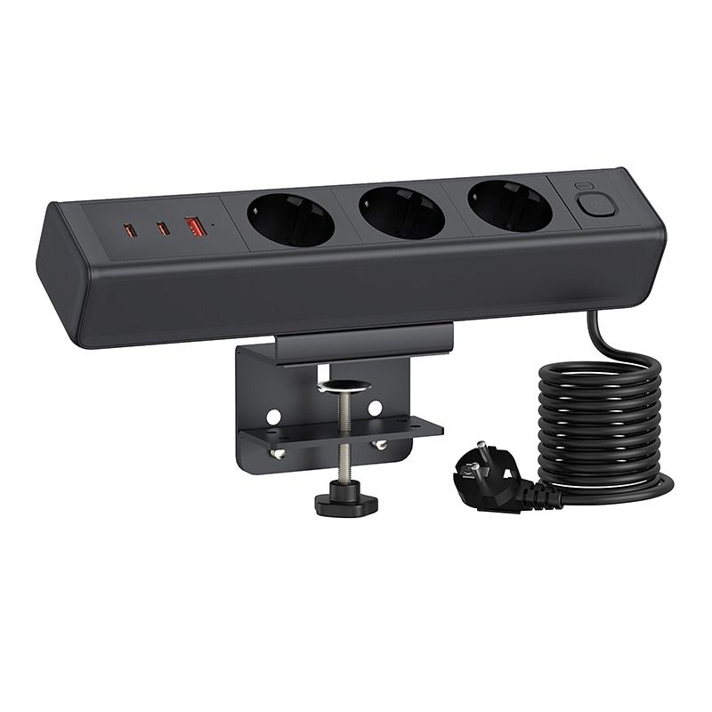 Stroomstrip met bureauklem, totaal snellaadstation met 18/65W USB-snellaad, Europees standaard stopcontact, overbelastingsbeveiligingsschakelaar, bureaustopcontact, EU-voeding voor kantoormeubilair.