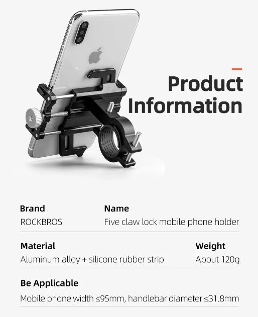 ROCKBROS Telefoonhouder Motorfiets Elektrische Fiets CNC Aluminium Beugel Vijf Klauwen Veilig Duurzaam Design