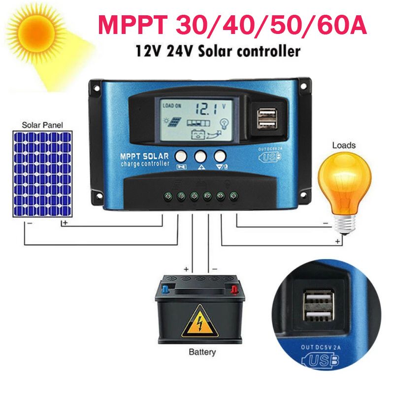 MPPT-zonnelaadcontroller 30A 40A 50A 60A 100A LCD-scherm Dubbele USB Acculevensduurverlenging