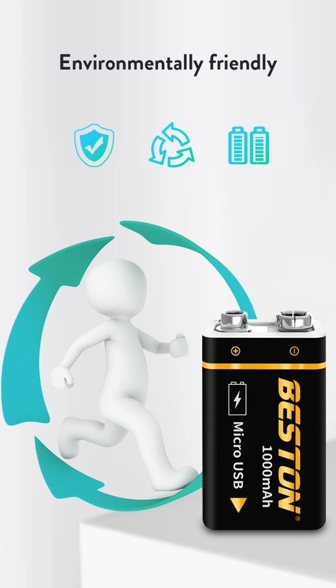 Beston 9V 1000mAh Micro USB oplaadbare batterij, milieuvriendelijke stroom voor RC-helikopter, microfoon en speelgoed