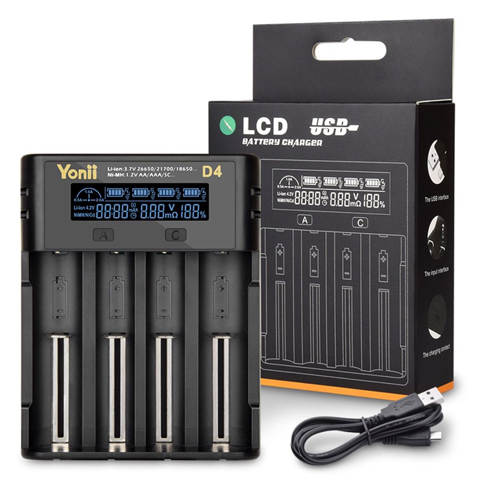 YONII D4 Acculader Universeel 4-Slot LCD voor 18650, 21700, AA, AAA Li-ion/Ni-mh met USB & NL Handleiding