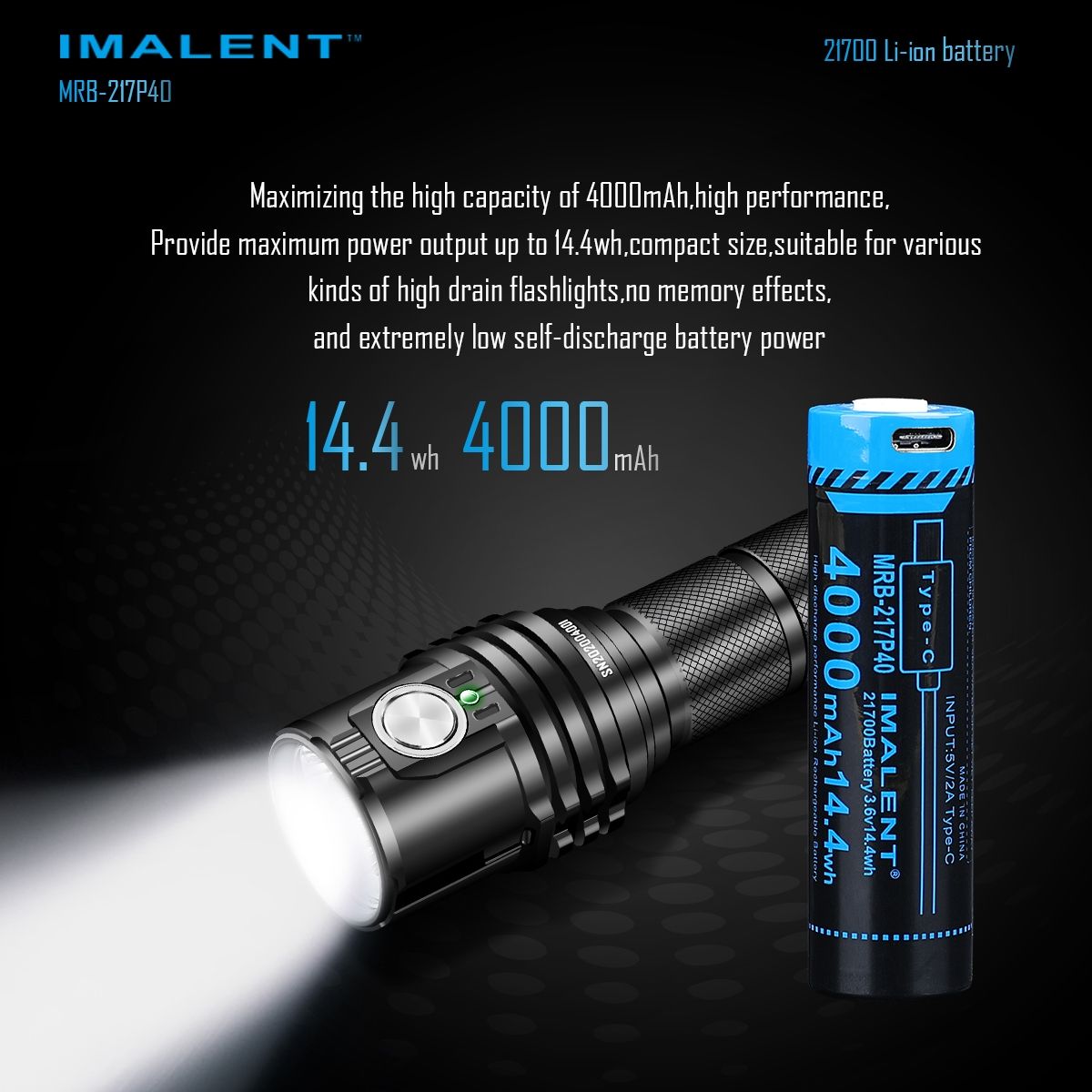 IMALENT MRB-217P40 21700 Accu 4000mAh Type-C Oplaadbaar Hoge Capaciteit voor Zaklampen en Gadgets