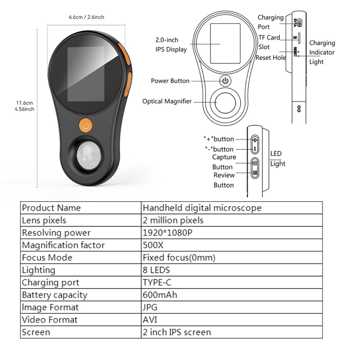 Digitale microscoop 500x vergroting 2MP loep elektronica reparatie video munten microscoop handheld dermatoscoop huidanalysemachine